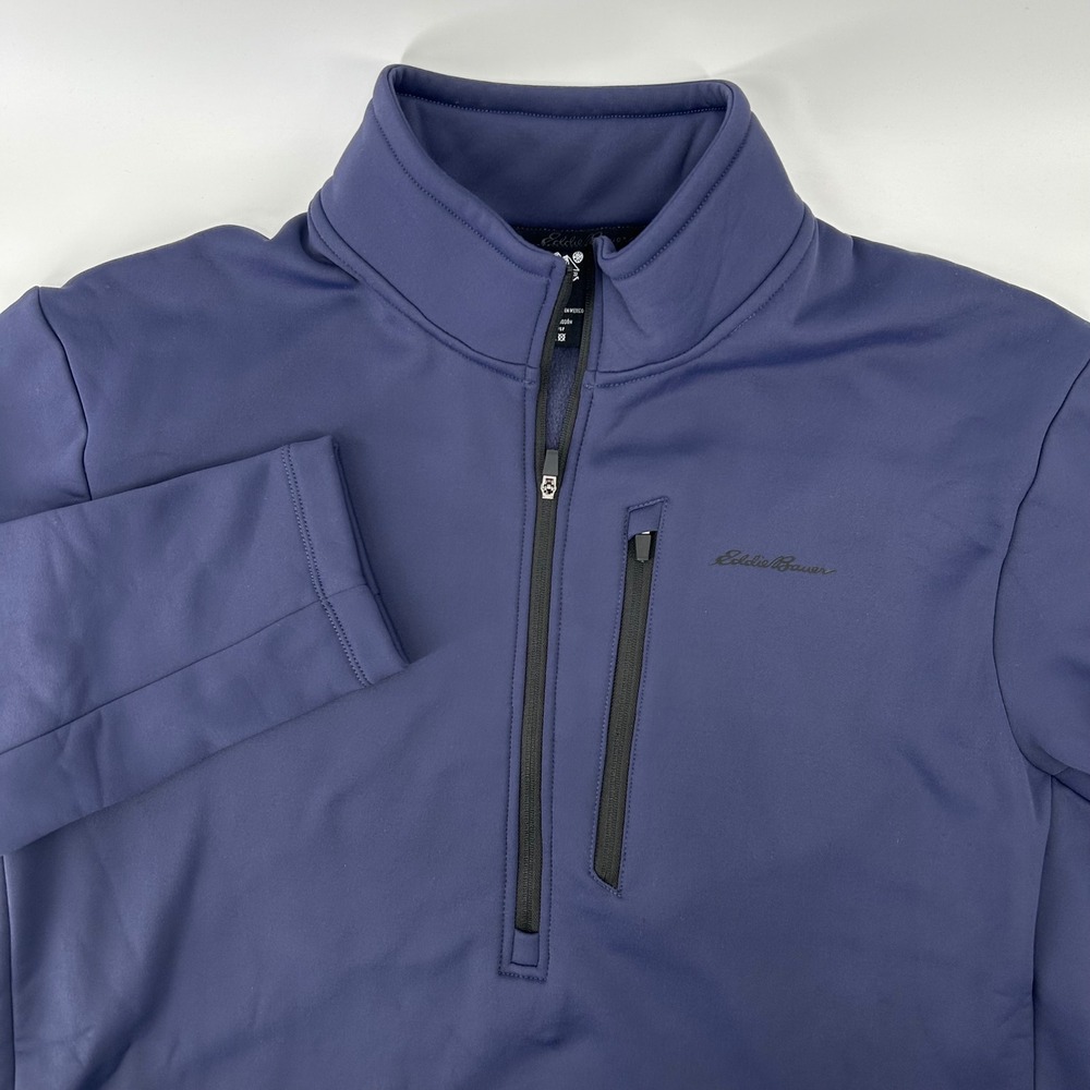 Eddie Bauer 1/4 Zip Pullover Mens Medium Navy Blue Chest Pocket Cotton Hiking